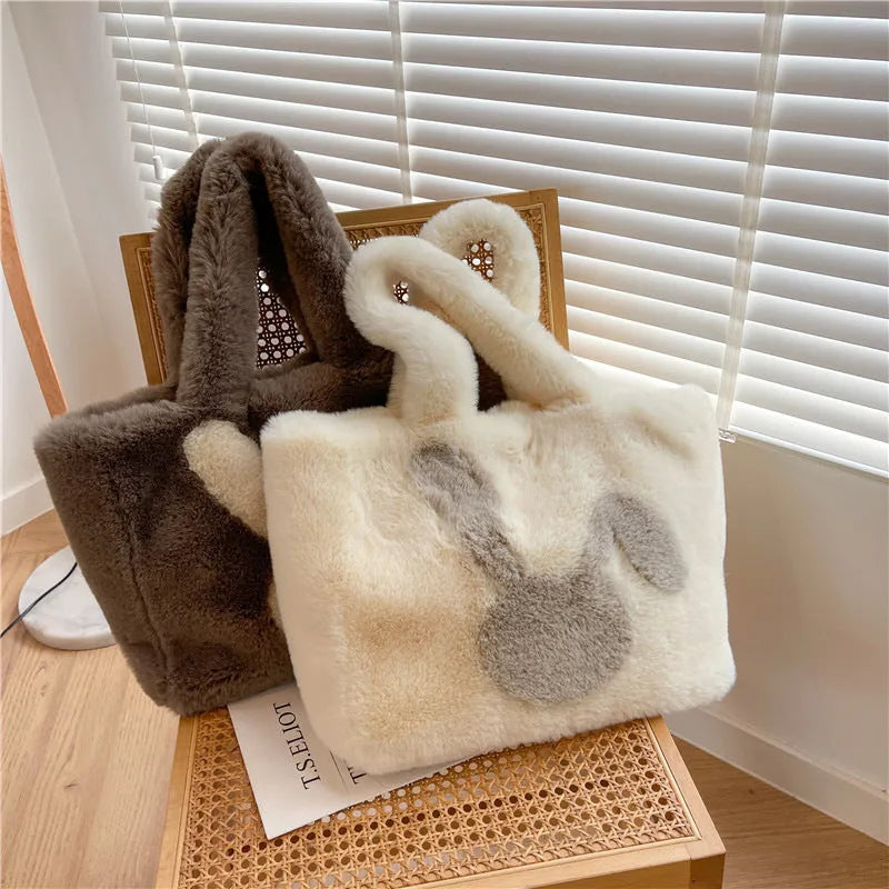 Cartoon rabbit ears plush tote shoulder bag in solid colour with large capacity