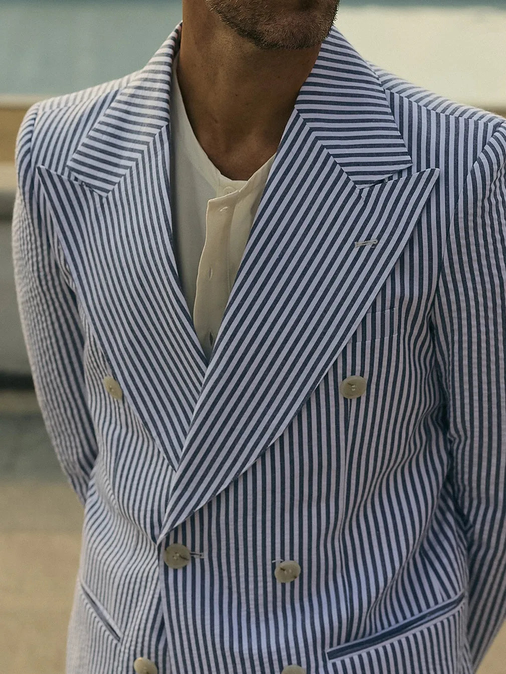 Blue and white striped polyester suit set with regular fit styling