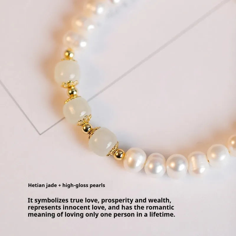 Natural freshwater pearl bracelet with diamond-shaped pearls in a Korean style, shown in deep Hetian jade colour.