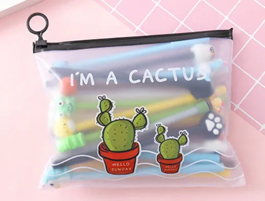 Marvel Cactus cartoon themed plastic pen case containing twenty black 0.5mm gel pens.
