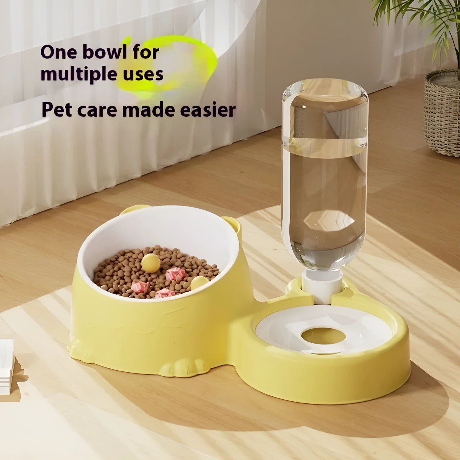 Double bowl automatic pet drinking fountain in haze blue colour with food and water compartments