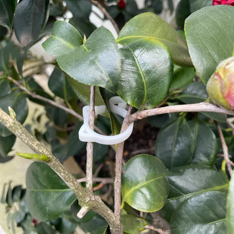 Small green cat-shaped plastic plant clip for supporting vines and stems in the garden.