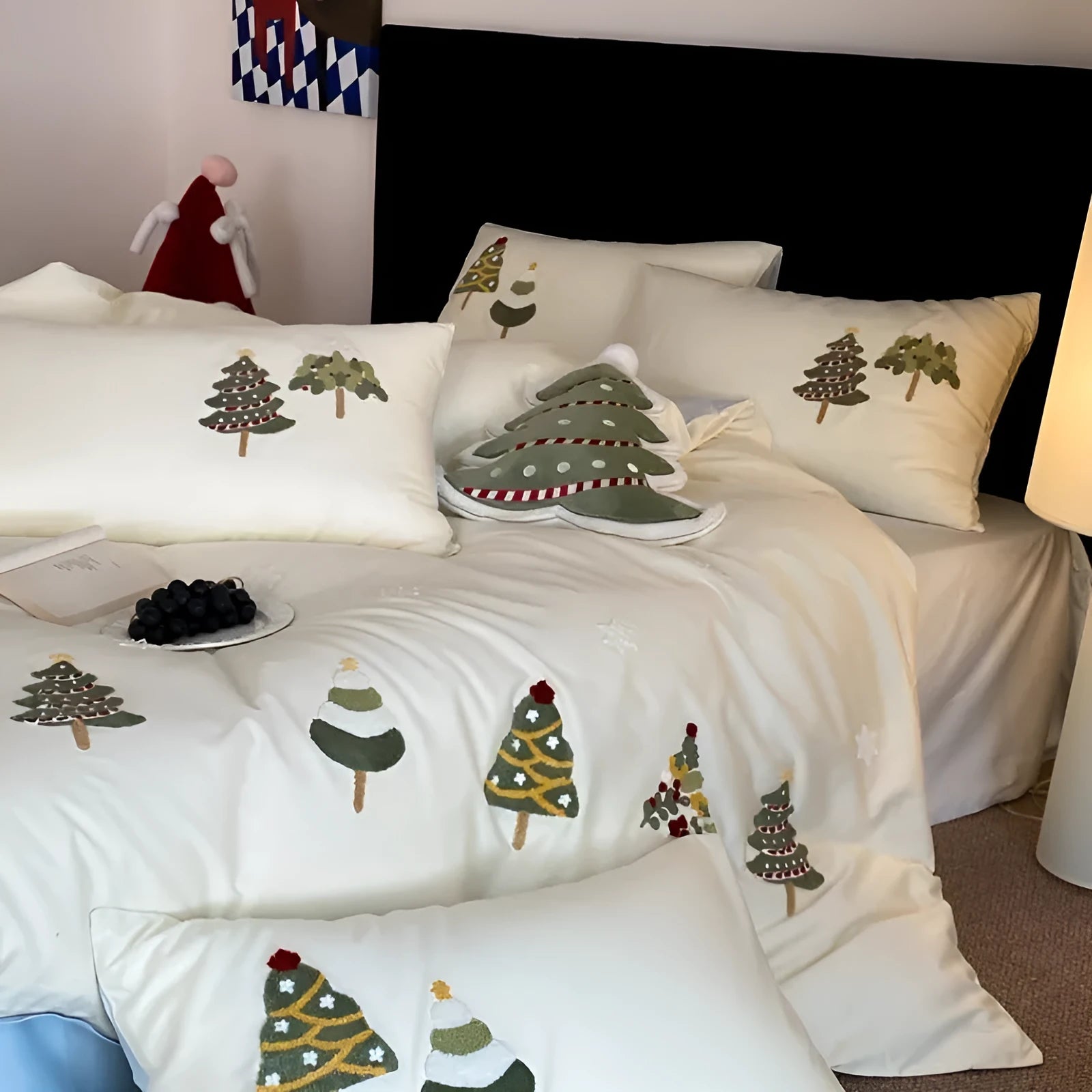Pure cotton bedding set with Christmas tree embroidery showing duvet cover, sheet and pillowcases