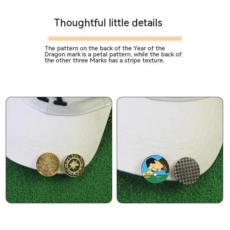 Close-up of a zinc alloy golf hat clip showing a detailed Dragon Year decorative pattern on its metal surface.