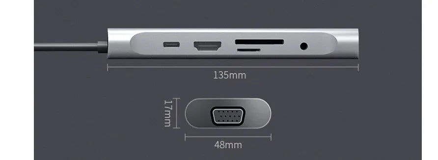 Grey aluminium USB-C docking station with HDMI, VGA, and USB ports on 140mm cable