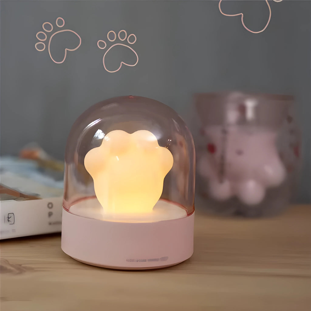 Grey or pink cat paw shaped USB rechargeable night light with music box and adjustable brightness levels