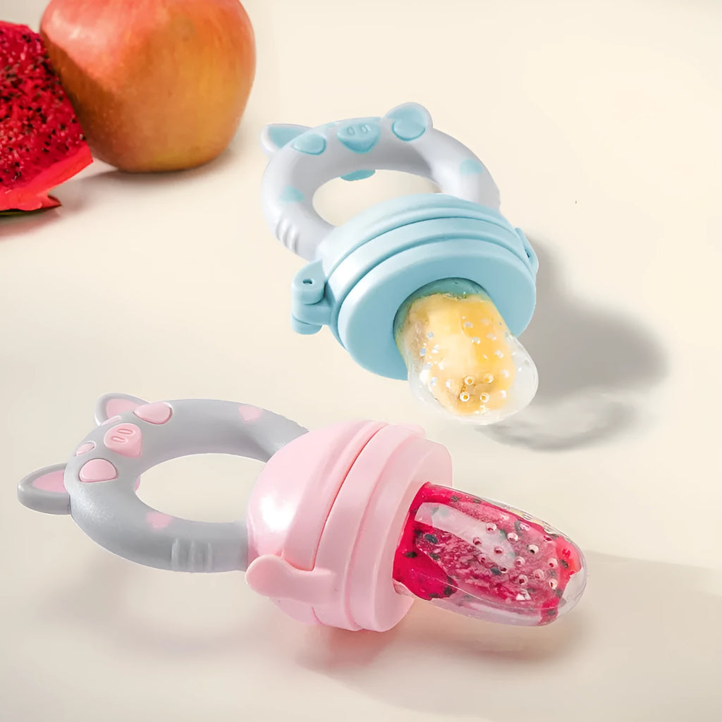 Soft silicone baby teether in blue colour with textured mouthpiece for chewing