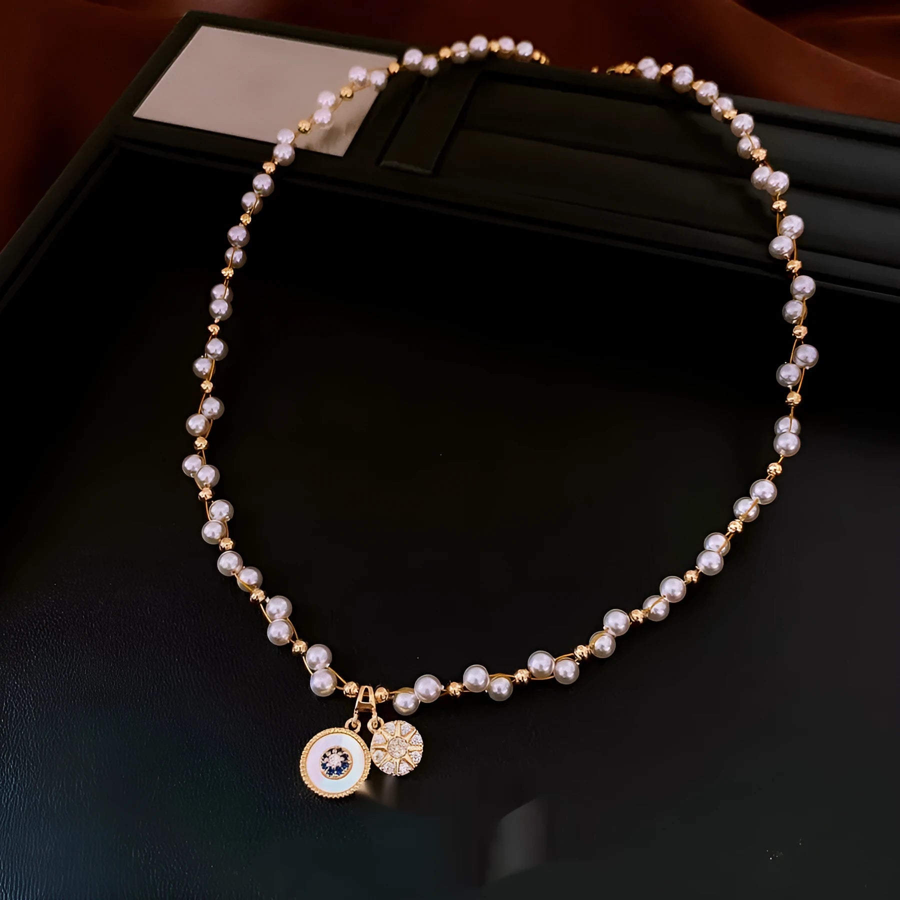 Golden white real gold electroplated necklace with geometric round zircon pearl pendant on adjustable clavicle chain