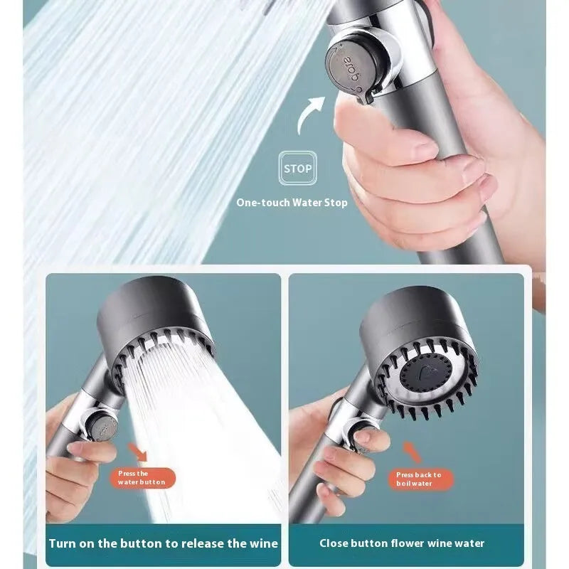 Portable white ABS plastic shower head with modern design and adjustment dial.