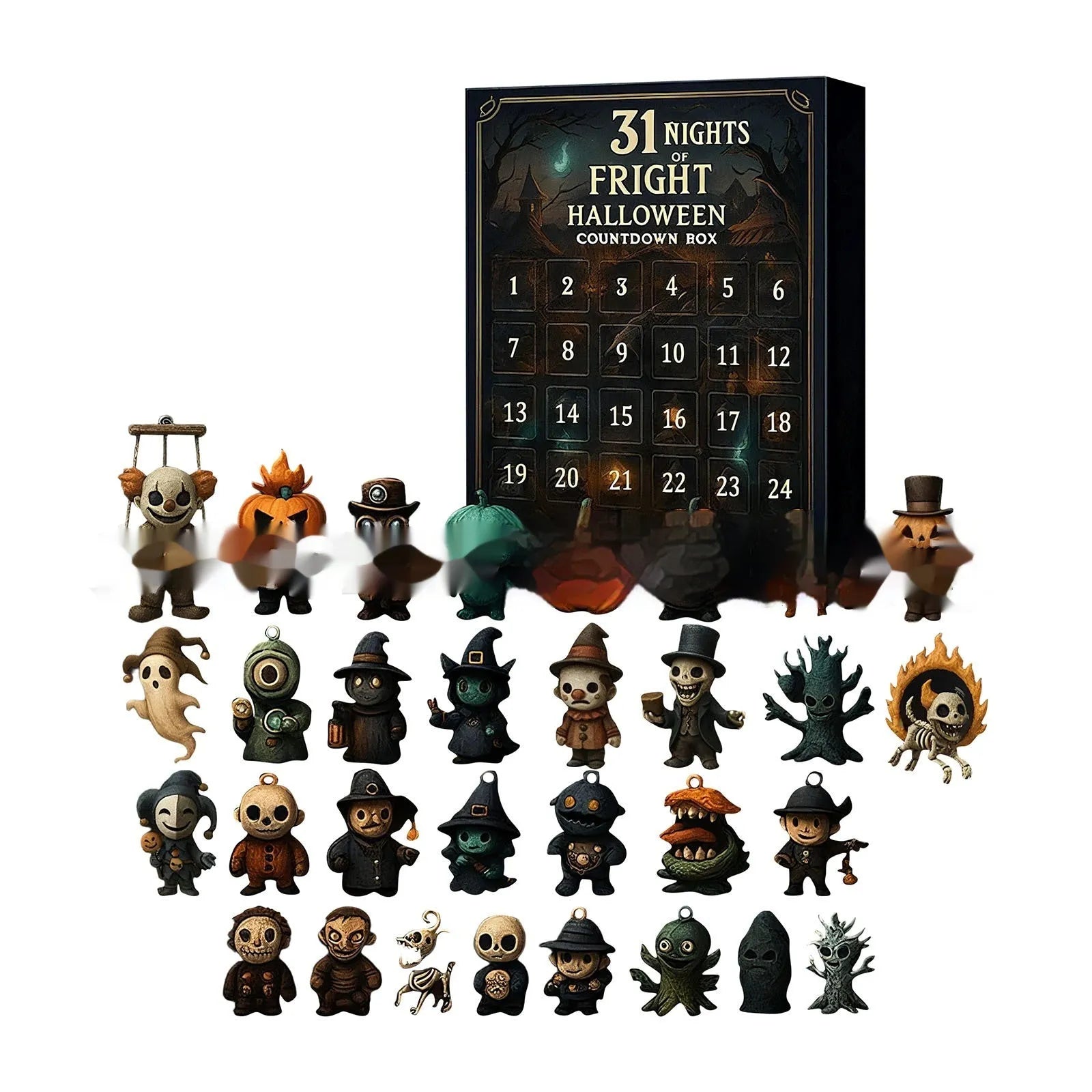Halloween horror advent calendar box with choice of 31, 15, or 7 night countdown and blind box resin dolls.