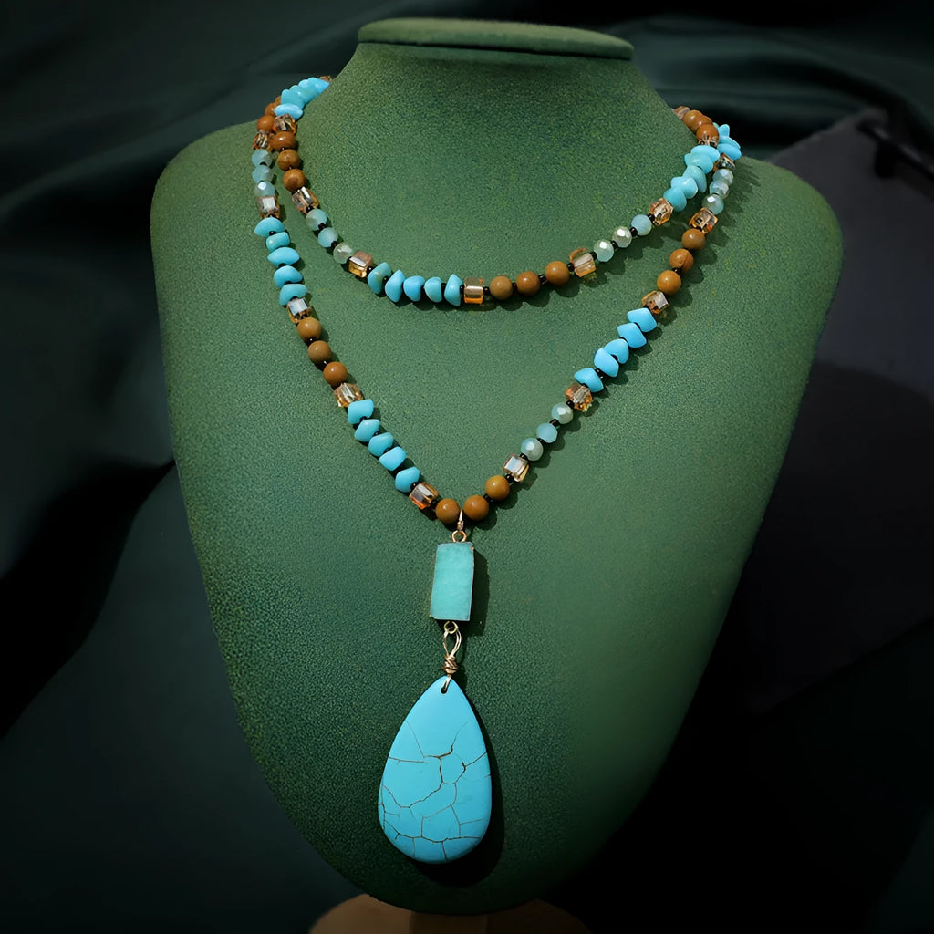 Turquoise blue water drop imitation mineral pendant necklace with ball bead chain, heart and geometric shapes.