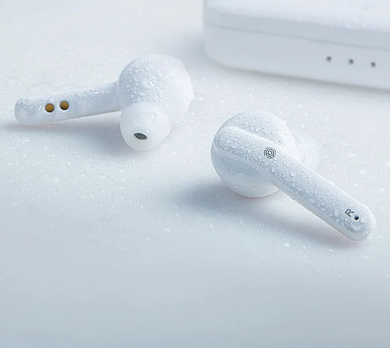 Black and white TWS wireless Bluetooth 5.0 headphones with IPX5 waterproof rating.