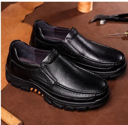 Men's black and brown cowhide leather business casual slip-on shoes with rubber soles