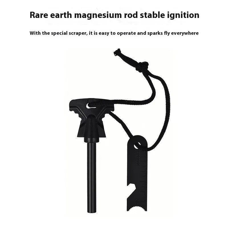 Stainless steel butterfly-shaped fire starter tool with integrated bottle opener.