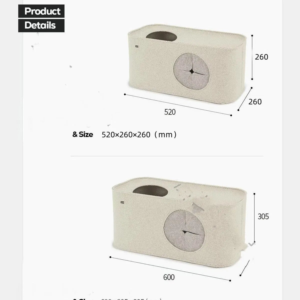 Grey foldable felt cat nest bed showing dimensions and soft textured material