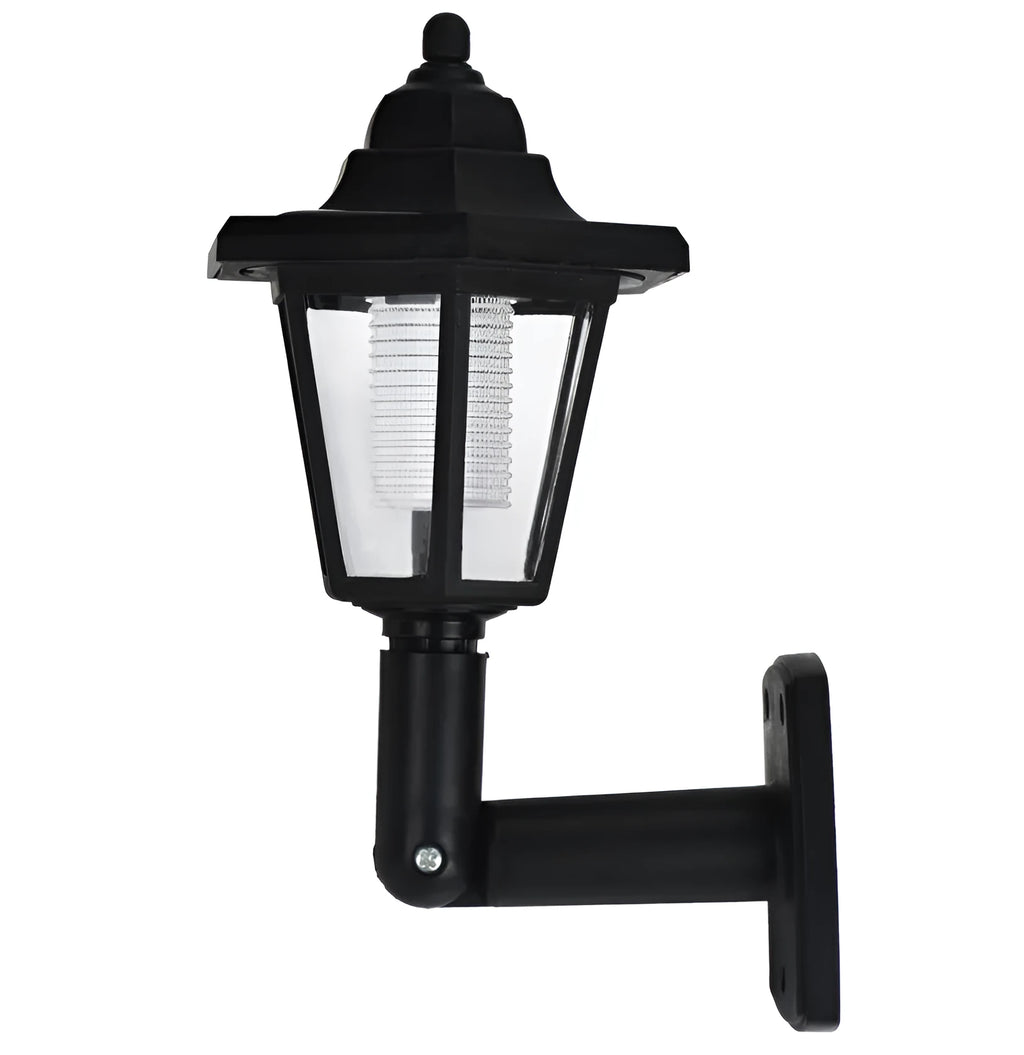 Black hexagonal solar wall light for outdoor use with automatic sensor and IP44 waterproof rating.