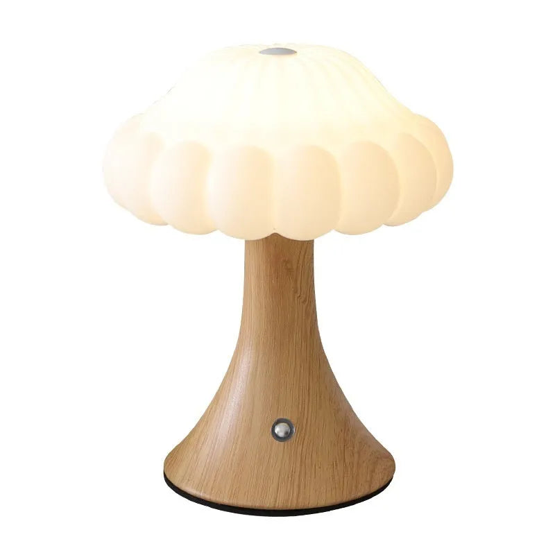 Mushroom-shaped touch control night lamp with USB charging port in wood grain colour