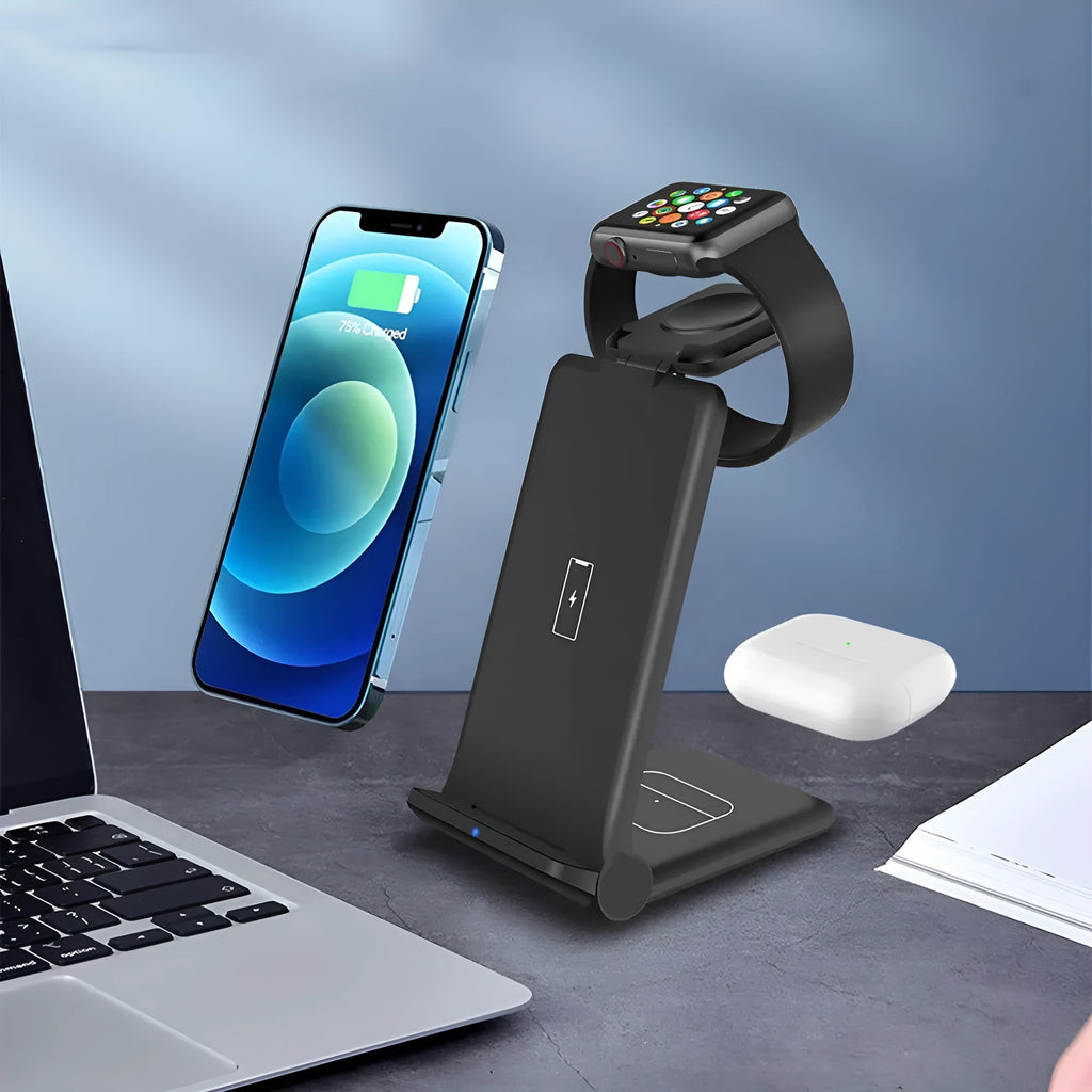 White 3-in-1 wireless charging station showing phone, Apple Watch and AirPods charging simultaneously
