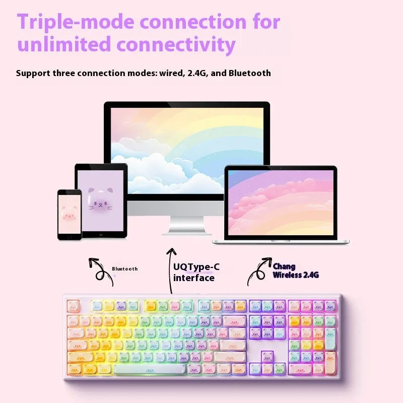 Sugar Cat coloured mechanical keyboard with Bluetooth connectivity and piano switches in MG108B colour scheme