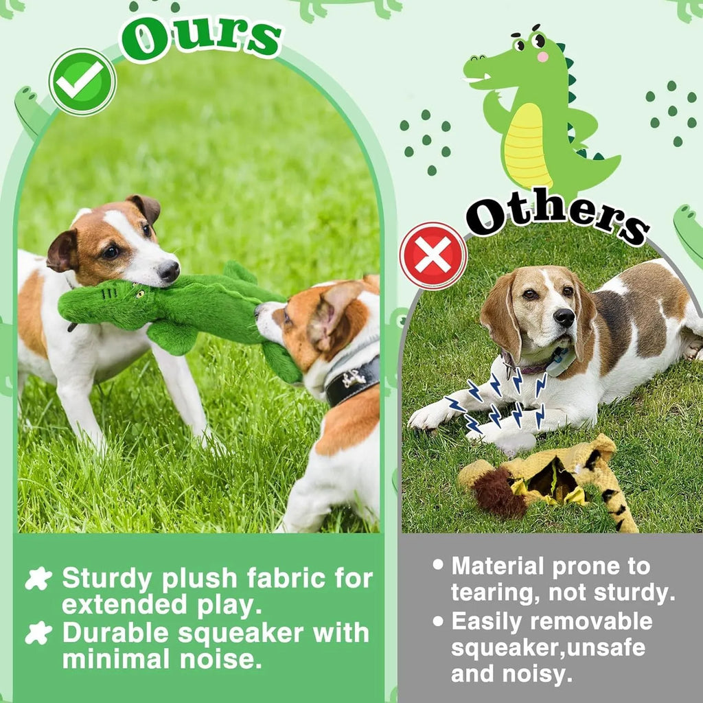 Green crocodile plush dog toy with no-stuffing design for aggressive chewers