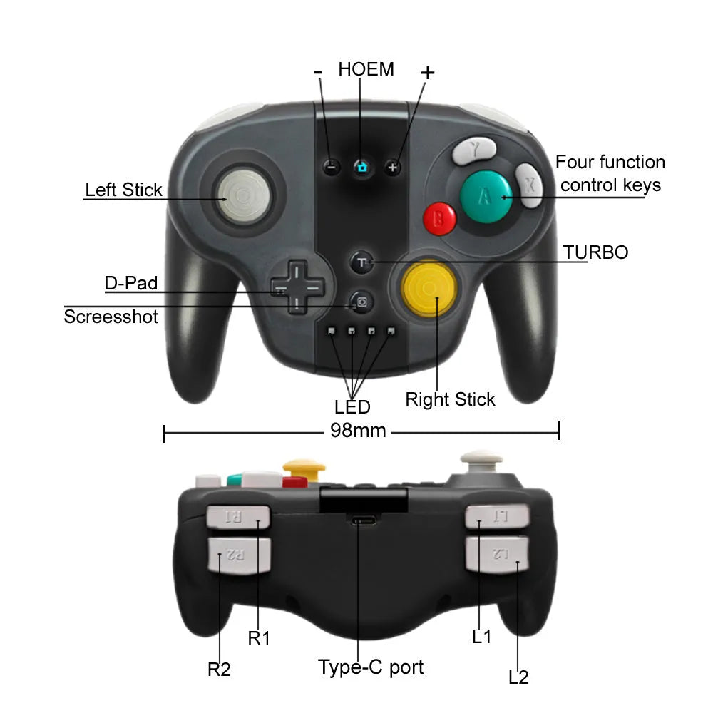 Black wireless gamepad with NFC reader, for Nintendo Switch and Windows PC, beside its USB-C cable and colour packaging box.