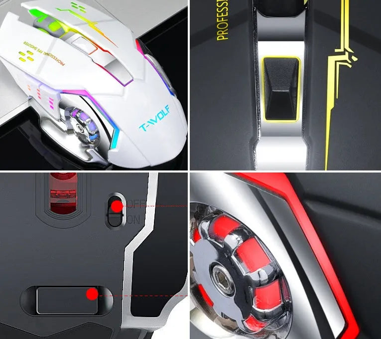 Black and white wireless mouse with wireless charging, 6 keys, and 2400dpi optical sensor.
