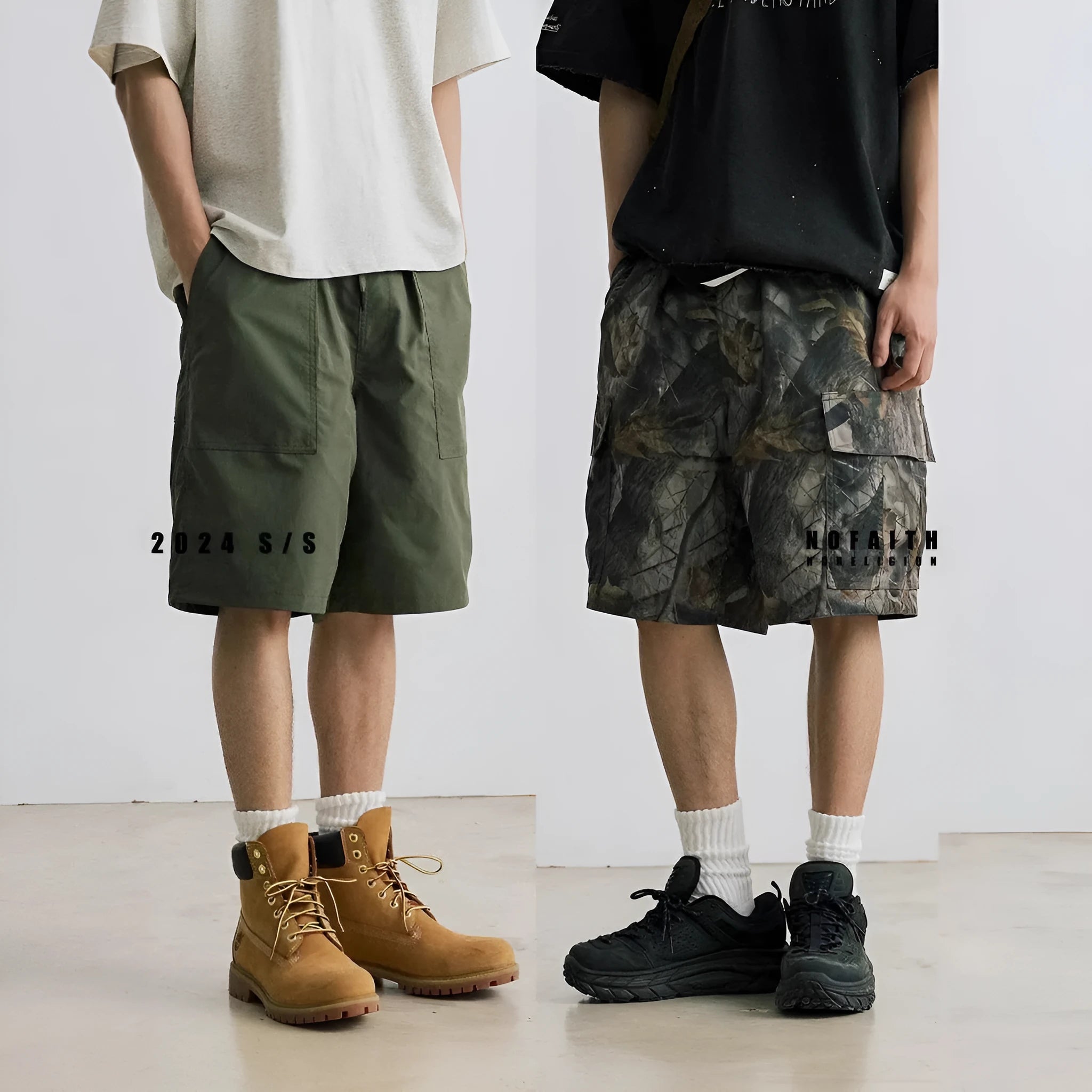 Loose fit straight-leg denim shorts on hanger, showing micro-elastic waistband and zip fly in army green colour.