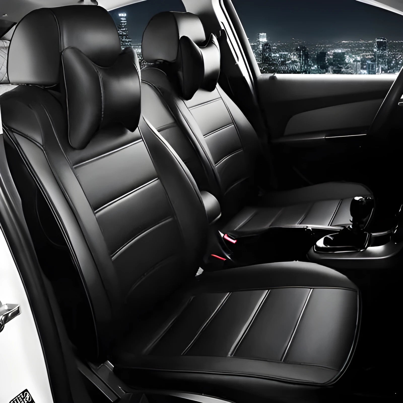 Cow leather universal car seat cover shown in beige and black with red accent colour options.
