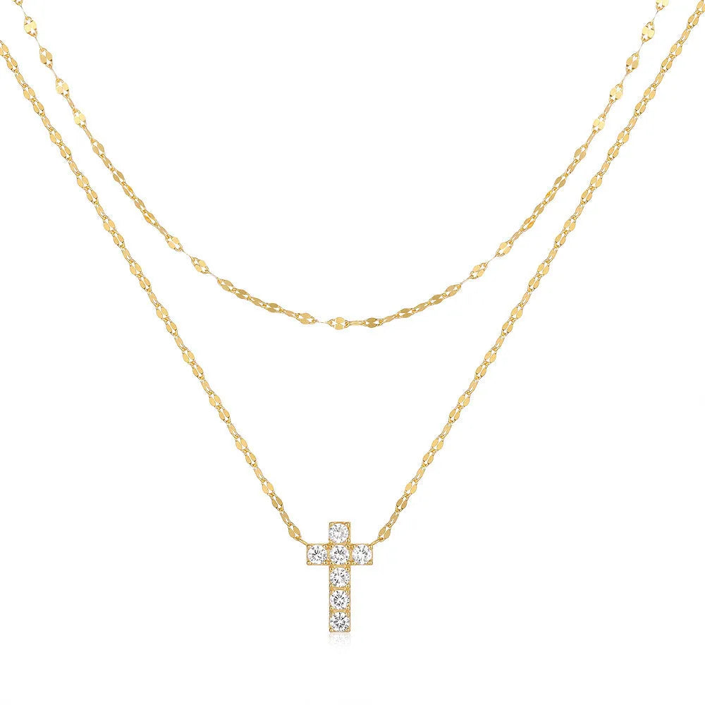 S925 sterling silver double layer twin diamond cross pendant necklace with geometric design on clavicle chain