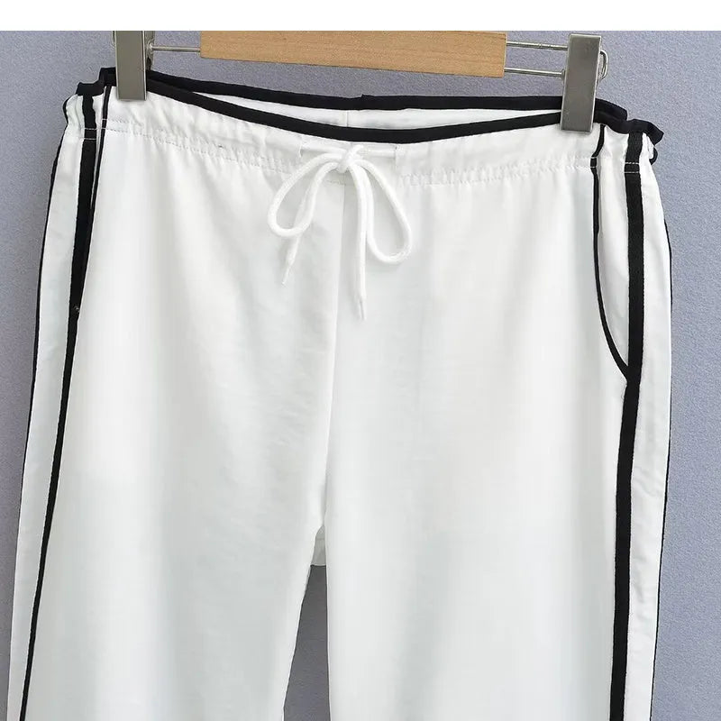 Ribbon parallel bars contrast colour loose straight trousers in white and navy blue colours