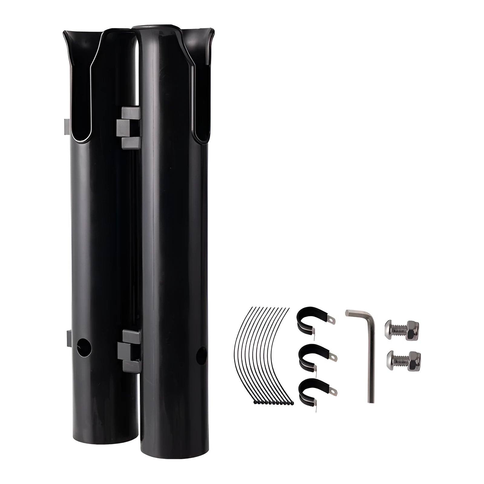 Carbon fibre fishing rod rack with double-layer plastic cradle mounted on bicycle handlebars