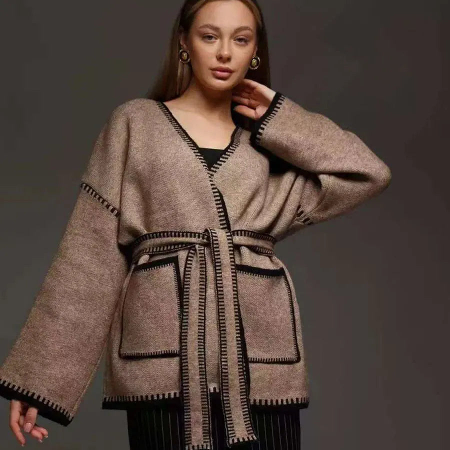 Loose fit lace-up knitted cardigan in imitation cashmere available in white, black and camel colours