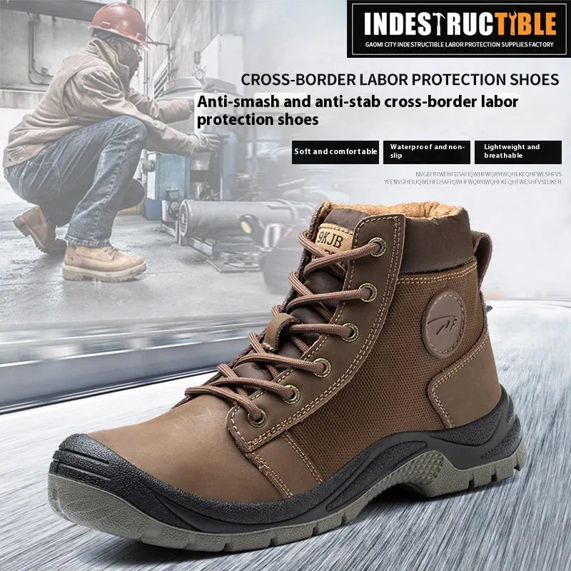 Orange lightweight labour protection safety shoes with leather upper and rubber sole on a worksite background.