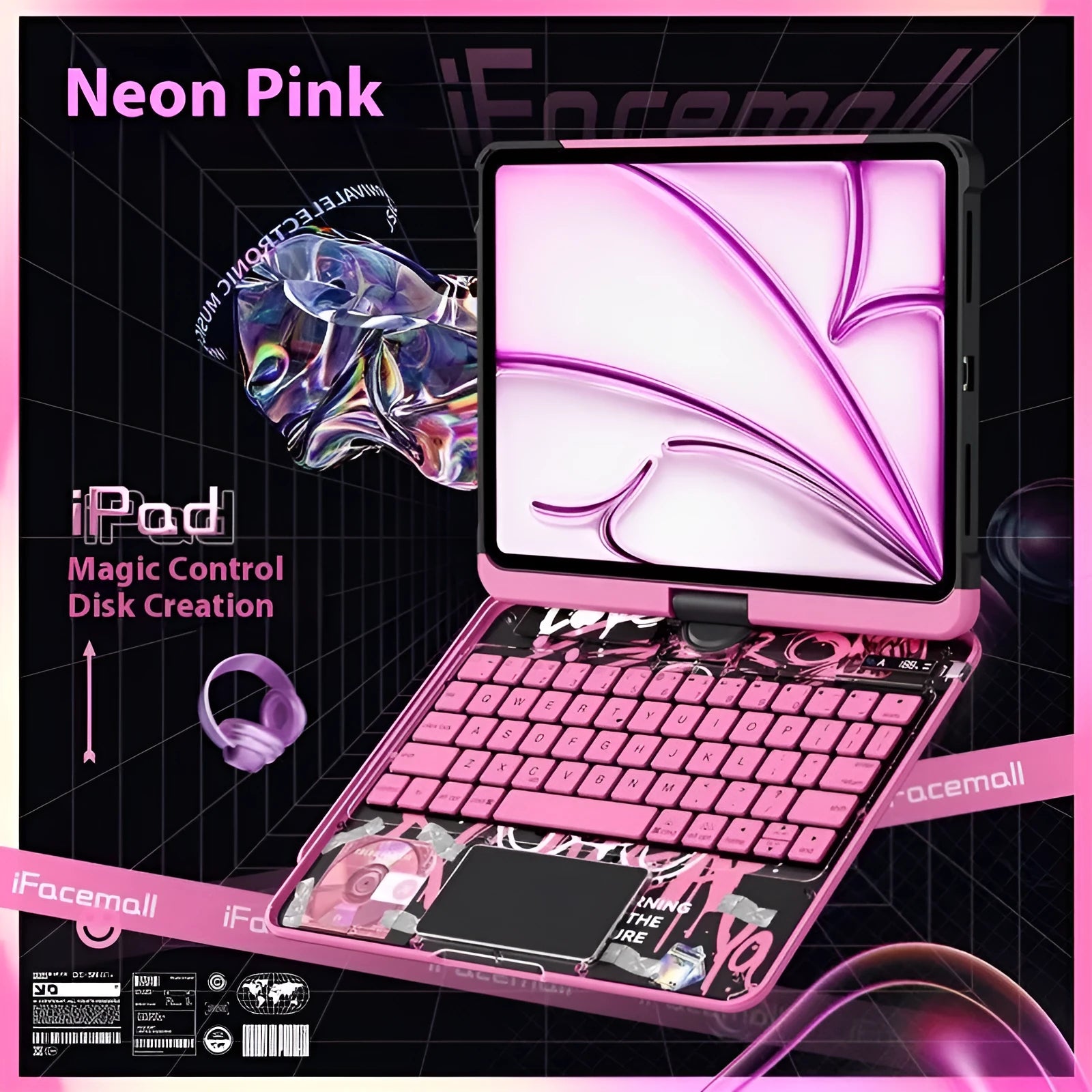 Blue iPad keyboard protective case with mute button, shown next to a pink and purple version.
