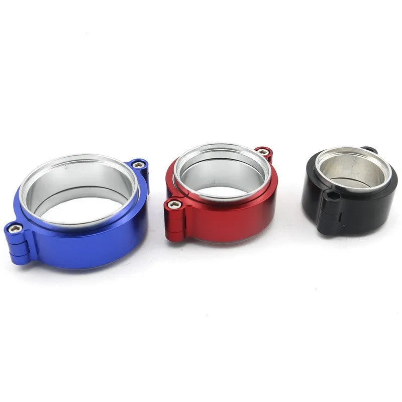 Aluminium fixed movement clamp for car turbine exhaust, available in black, blue, red.