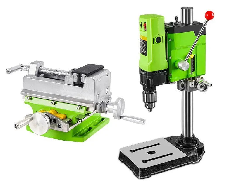 Mini bench drill and milling machine on a workbench with cross bench pliers and heavy duty pliers