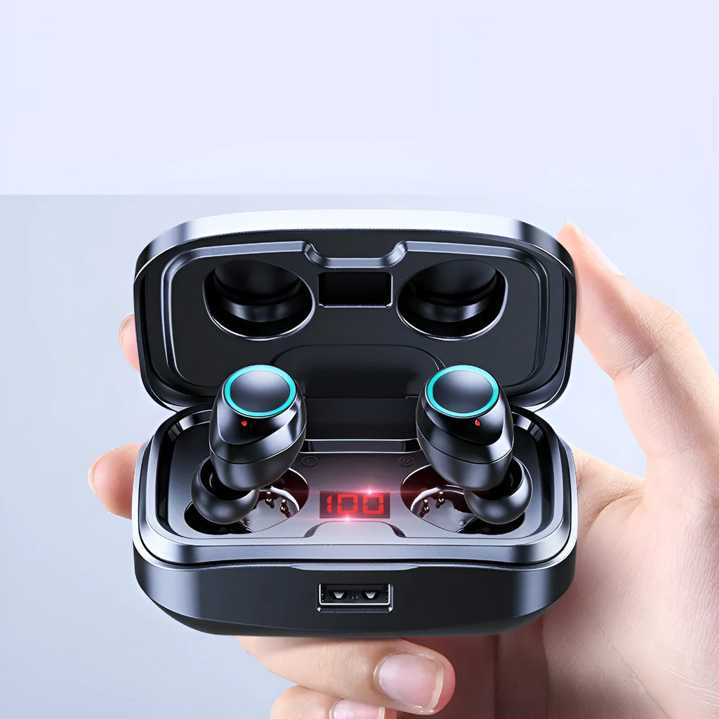 Wireless Bluetooth 5.0 in-ear headphones in black colour showing earpieces and charging case
