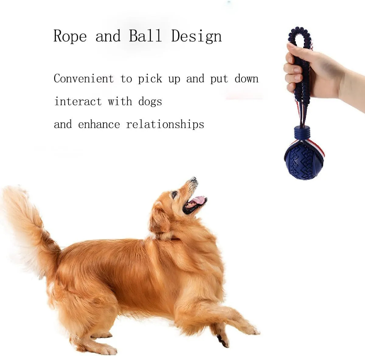 Blue dog ball with attached rope toy for small medium dogs showing textured surface