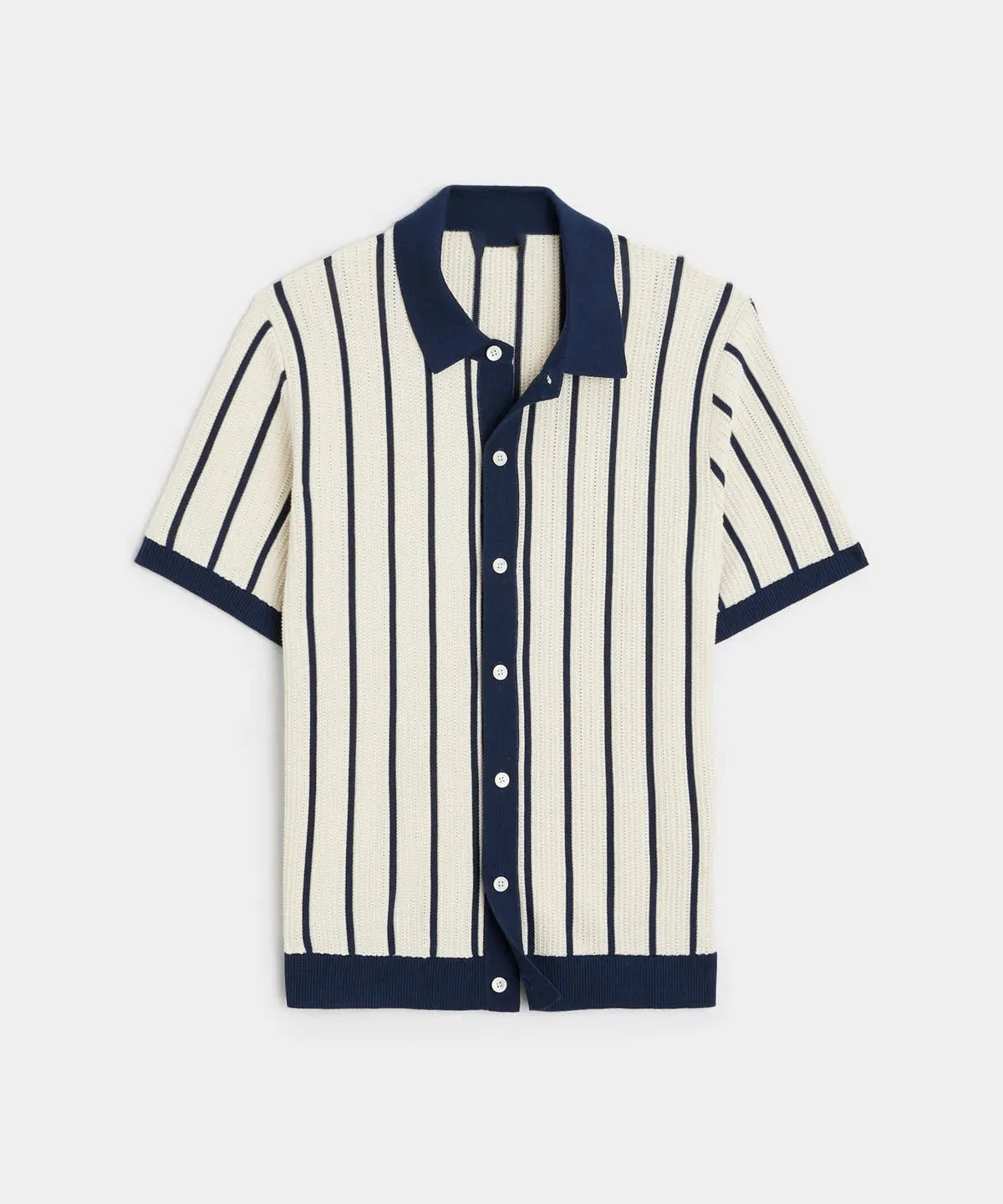 Men's white asymmetric striped knitted top with lapel collar and short sleeves