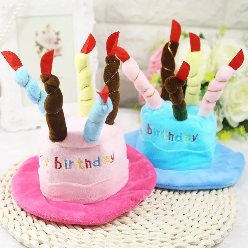 Blue dog birthday hat with elastic strap and decorative ball top for small dog.