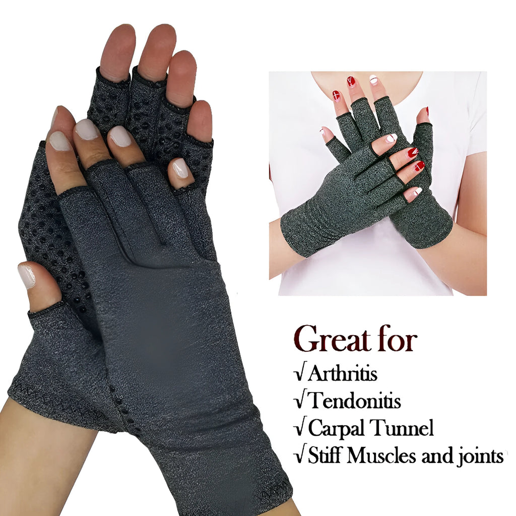 Grey half-finger joint compression gloves showing anti-slip palm pattern and trueran spandex fabric texture
