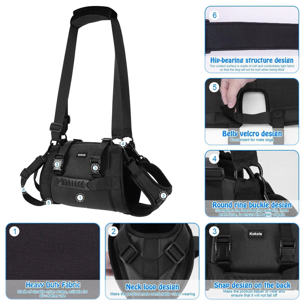 Black Oxford cloth dog rehabilitation harness with leg support and breast strap.
