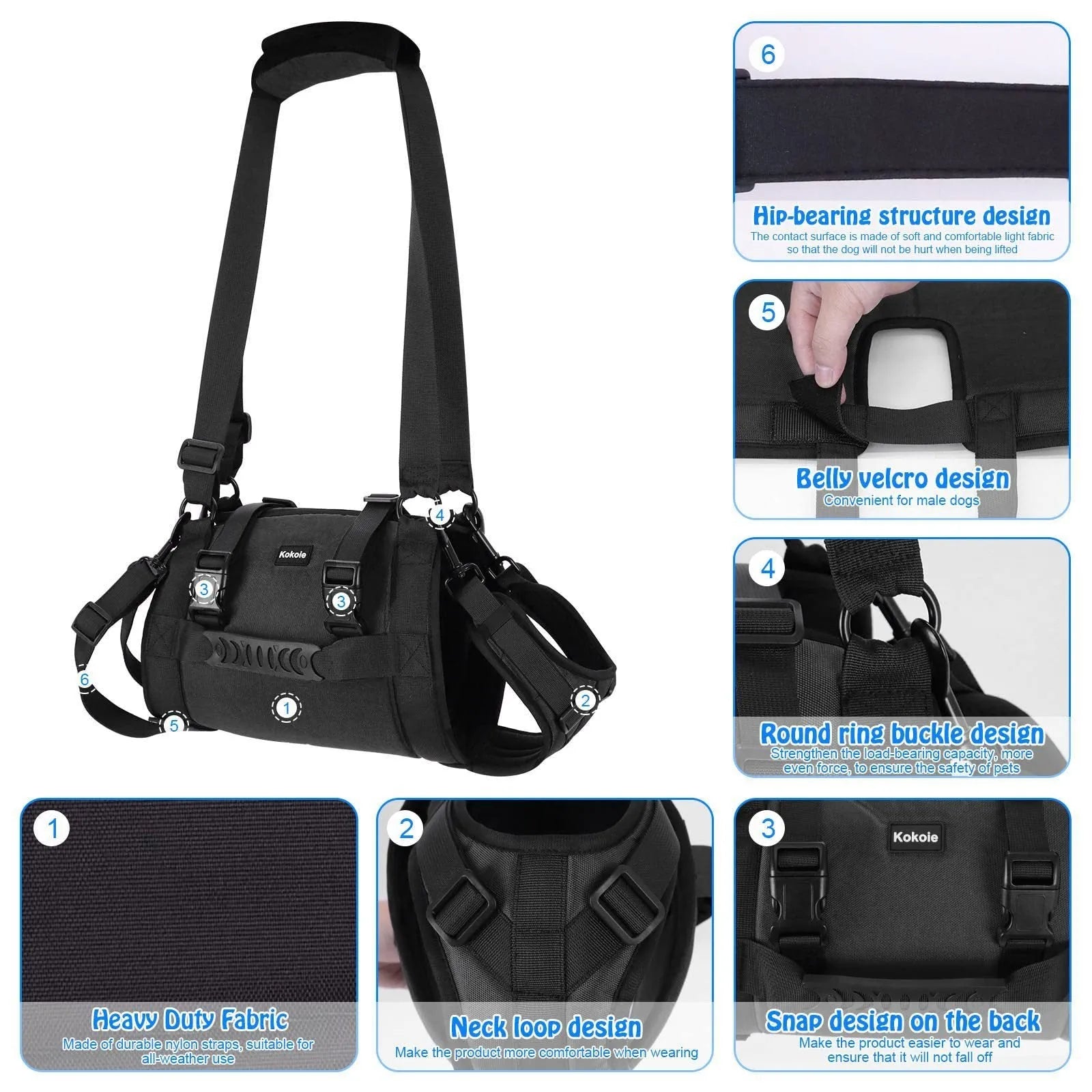 Black Oxford cloth dog rehabilitation harness with leg support and breast strap.