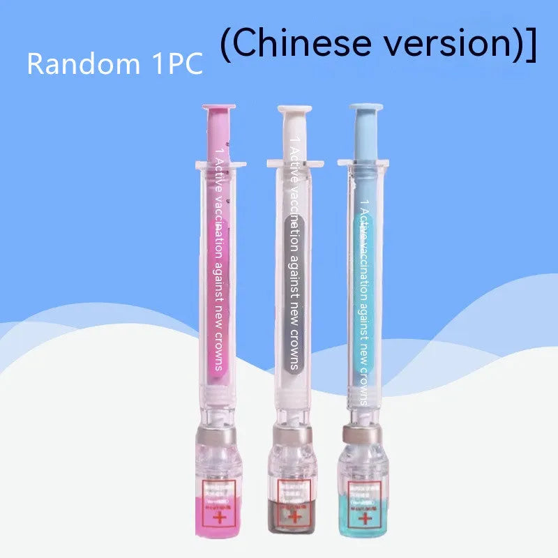 Vaccine design gel pen with black 0.5mm needle point refill and plastic construction