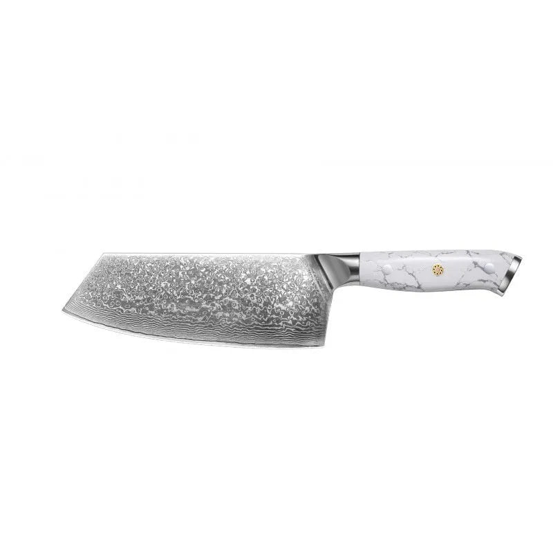 Damascus pattern chef's knife with 21cm VG10 steel blade and 11cm handle on a kitchen counter.