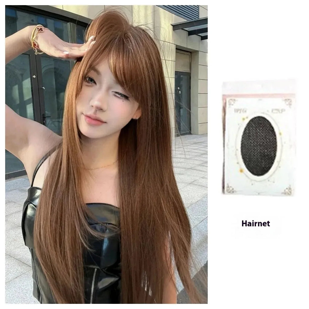 Warm brown long straight synthetic wig with fringe on a model