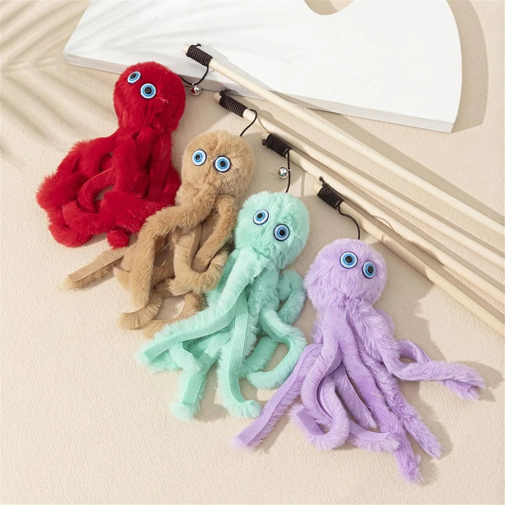 Colourful octopus cat toy on a 40cm stick with furry pom-poms and moving eyes