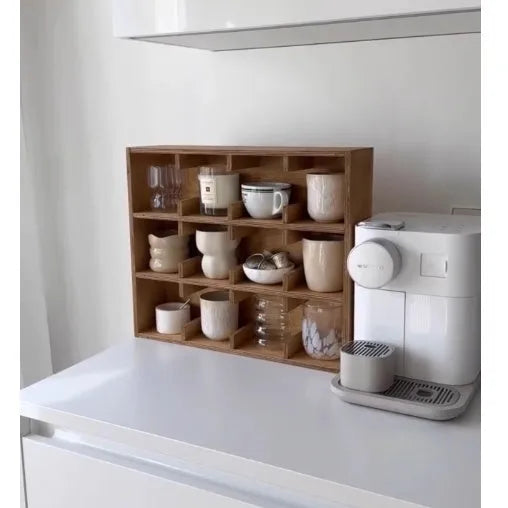 Square solid wood cup storage rack with multiple grid compartments in birch meridian colour finish