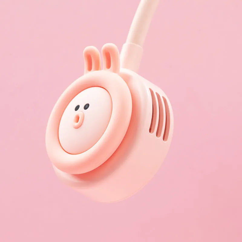 Pink leafless hanging neck fan showing wearable design and mechanical speed controls.