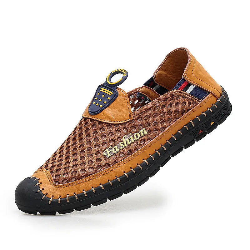Men's brown casual mesh shoes with round toe and rubber sole